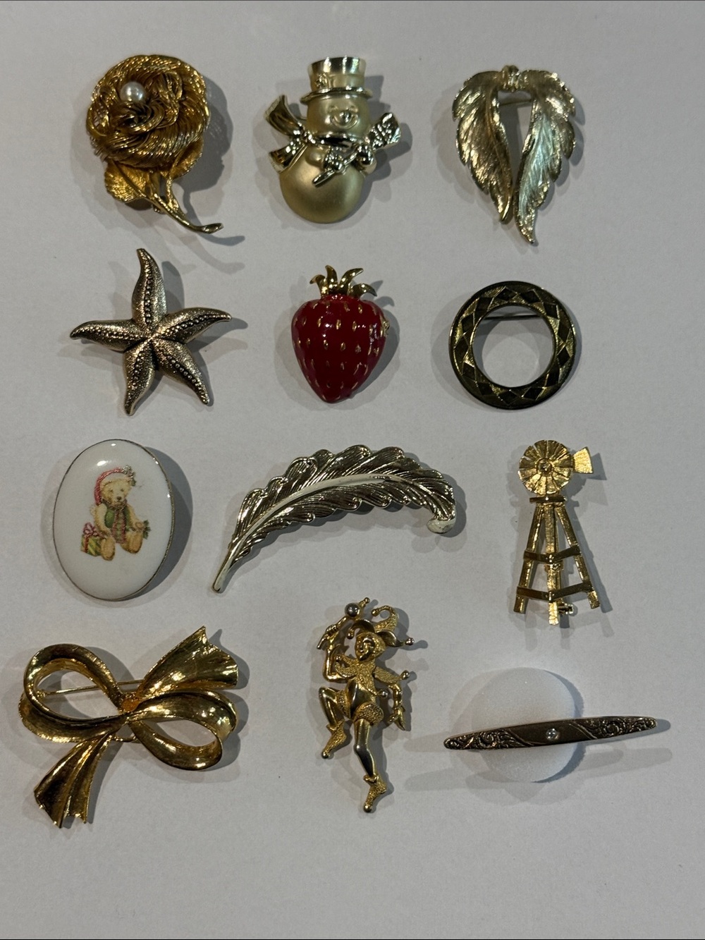 Vintage lot of 12 Assorted Brooch Pin Set / 3 Signed Ali Cathe and Avon Goldtone